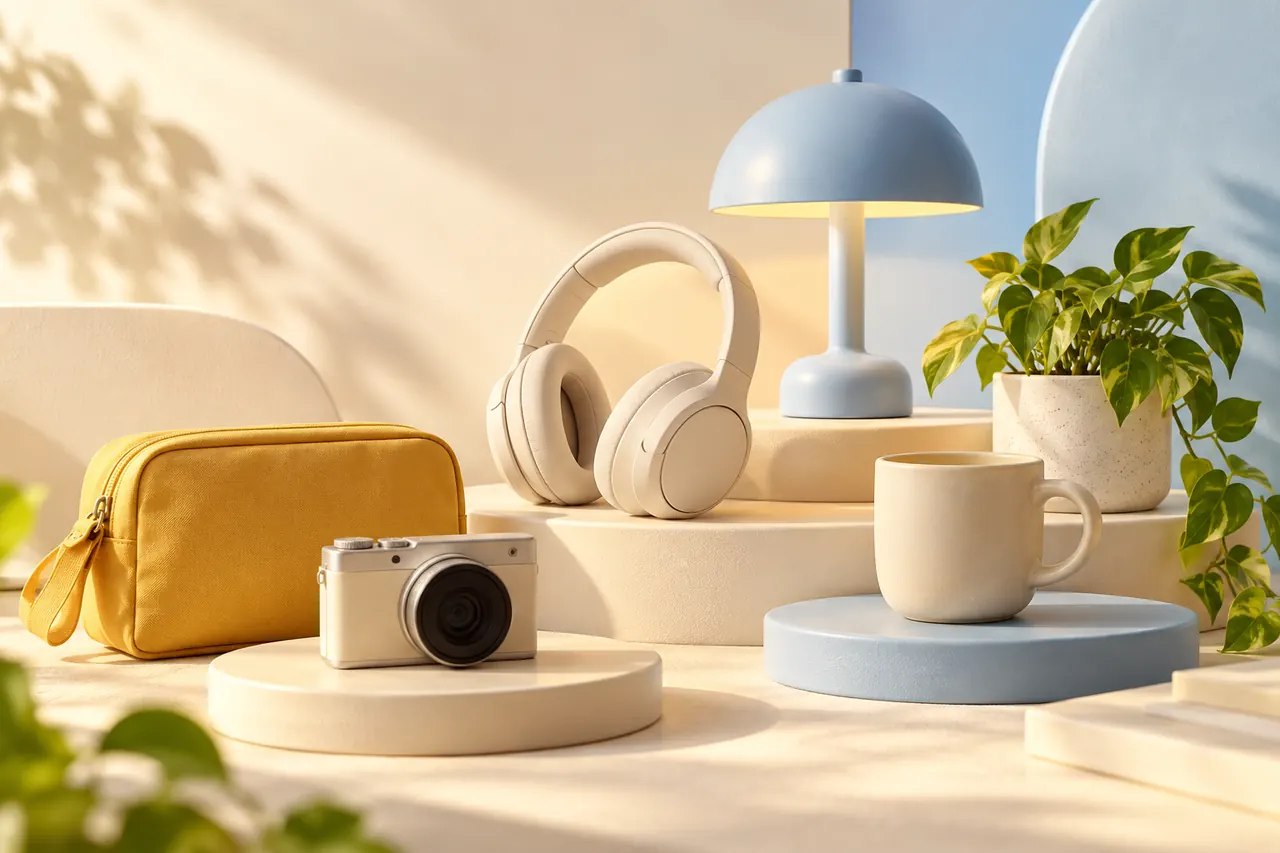 Illustrative arrangement of headphones, a lamp, a camera and everyday accessories